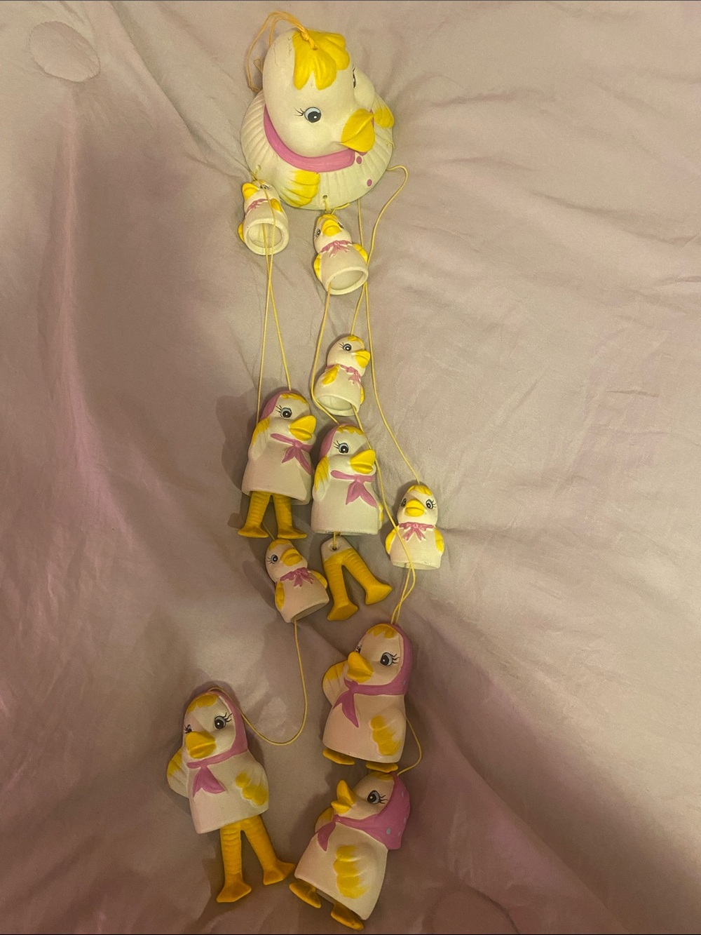 Vintage Ceramic Duck Bell Garland in White, Yellow and Pink